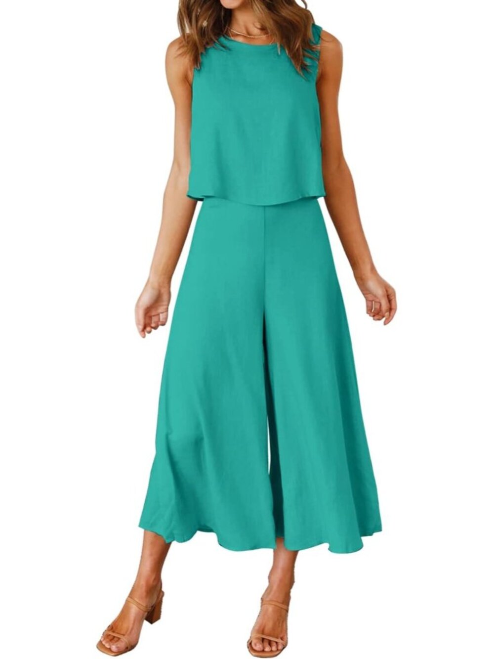 Women's Summer 2 Piece Peafowl Green Round Neck Cropped Wide Leg Jumpsuit